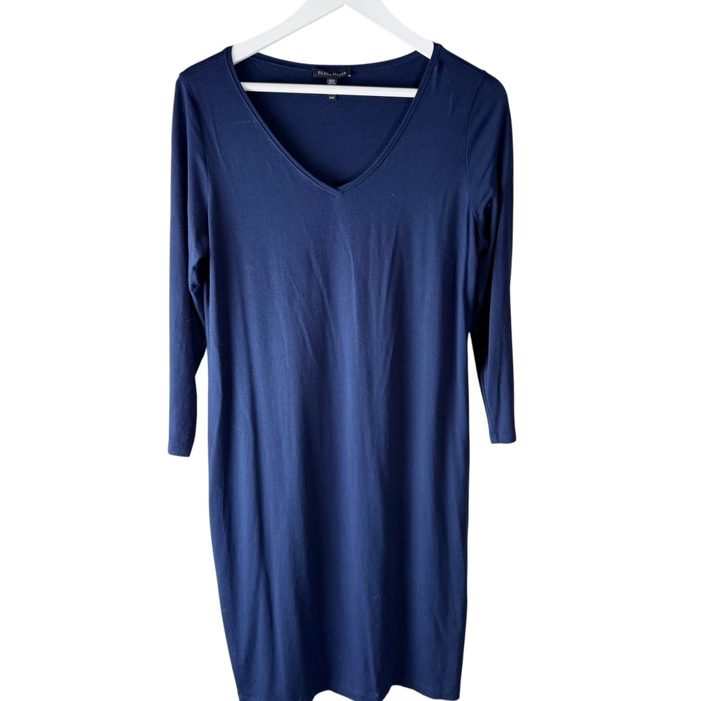 Eileen Fisher Navy Blue Viscose‎ Jersey V-Neck 3/4 Sleeve Shift Dress Womens M